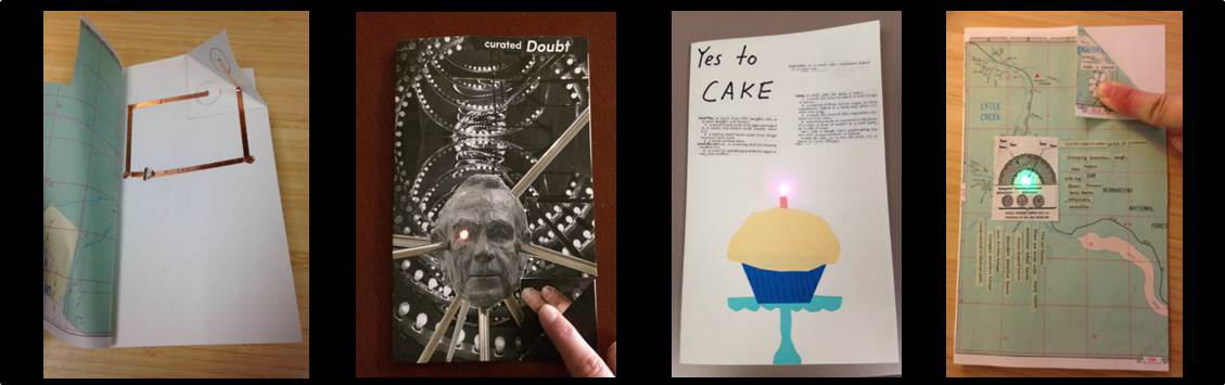 A picture of projects created by students during the library's RE:Book Program.