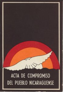 cover of pamphlet showing a peace dove, title on cover says, in Spanish, Act of commitment of the Nicaraguan people