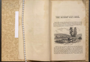 First text page of book featuring the book’s title, Miner’s Own Book, and an illustration of Sutter’s Mill.