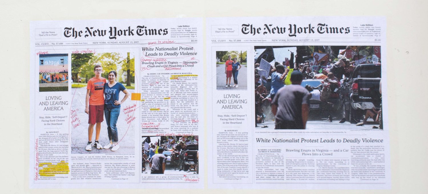 Counter narratives art installation: Marked-up articles from the New York Times, posted as a banner on the library's exterior wall.