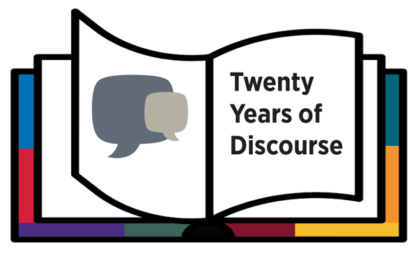 An open book with conversation bubbles on one page and the words "Twenty Years of Discourse" on the other. The book is framed in the rainbow colors of The Claremont Colleges.