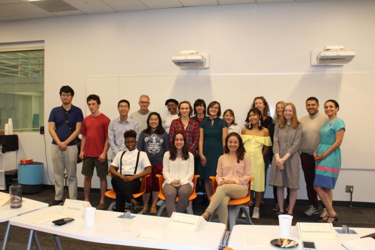 Winning students and faculty sponsors at the Library Undergraduate Research Award ceremony, April 2018