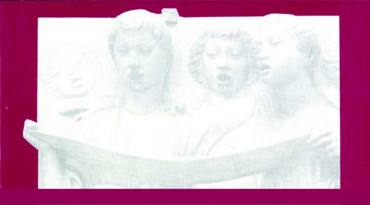 Detail of a statue of three angels holding a music book open and singing.
