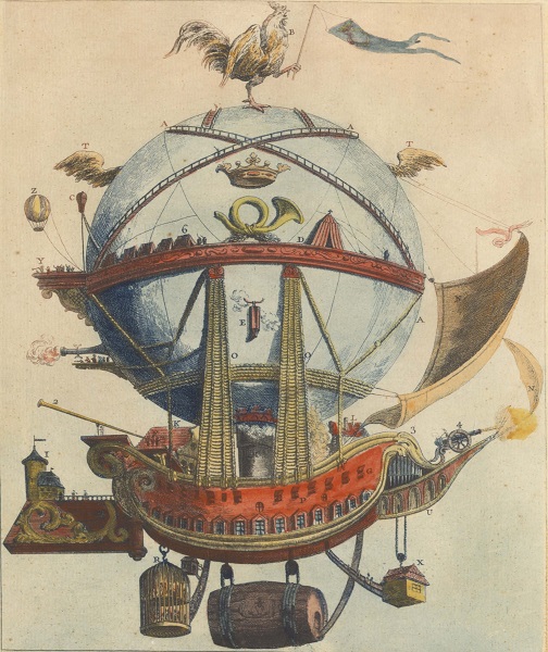 Hand-colored engraving of a fantastic hot air balloon ship with many attachments and features, like tents, a cannon, a birdcage, and more.