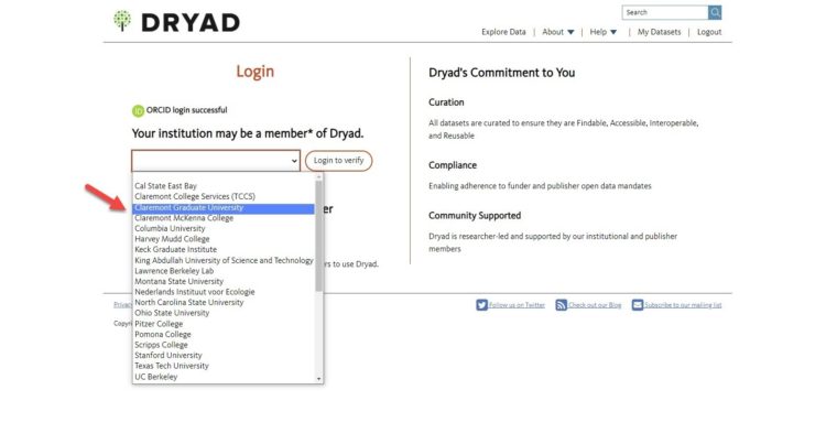 Screenshot of Dryad login page