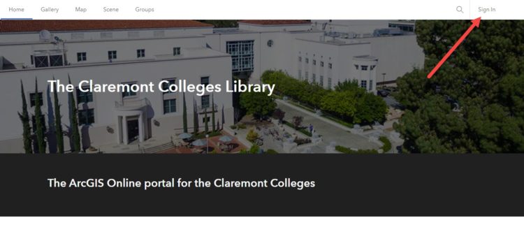 Claremont ArcGIS Online portal showing Sign In link in top right corner