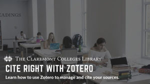 Title: Cite Right with Zotero. Image: Students studying at tables in the library