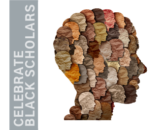 Silhouette of a head with different shades of brown with Celebrate Black Scholars banner
