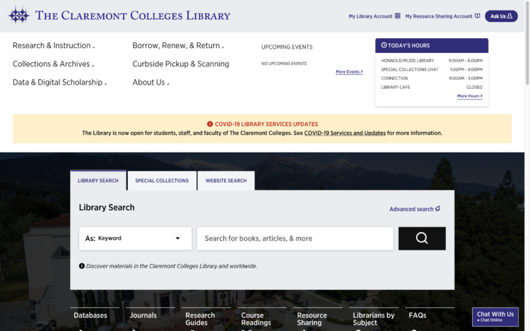 Screenshot of the Claremont Colleges Library website homepage