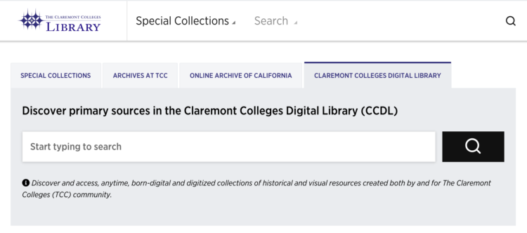 Screenshot of the Special Collections webpage featuring the updated search with tabs