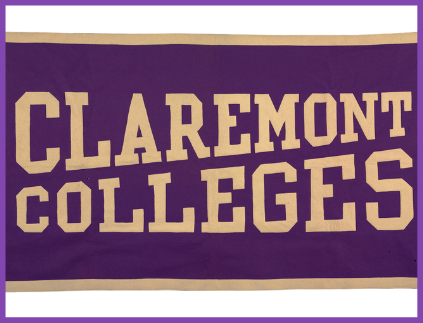 Image features a purple banner with a tan border. The words Claremont and Colleges are written diagonally in opposing directions in a tan color.