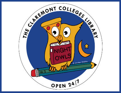 a circular logo with a yellow owl against a blue background. The owl sits on a green pencil, holds a red book with “Night Owls” spelled out on the cover, and is peering through a piece of pizza. Text around the logo reads, “The Claremont Colleges Library, Open 24/7.