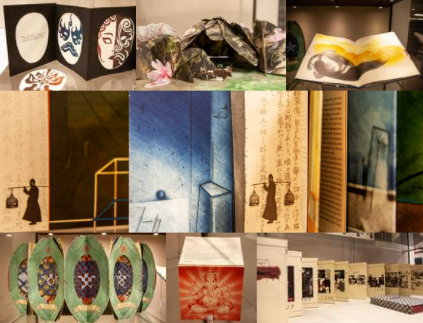 Collage of books and items from the Arts and Voices: Asian American Artists Books exhibit