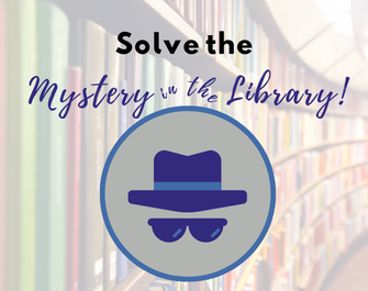 Mystery in the Library Logo in front of image of books on the shelf