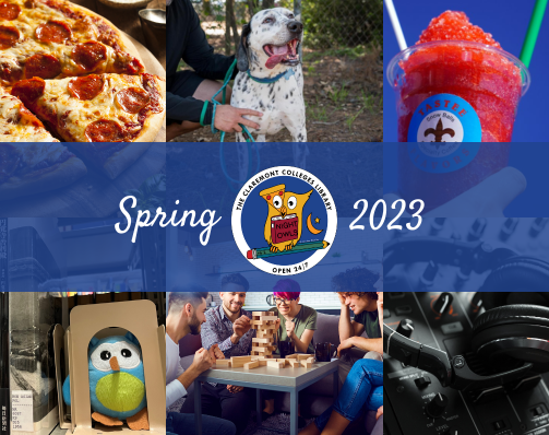 Collage of photos featuring pizza, a dog, a snowball, an owl plush, students playing a board game and a sound mixing board with headphones