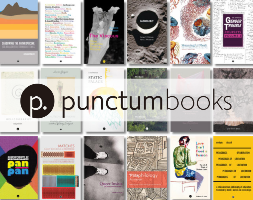 Punctum Books logo with background featuring various book covers