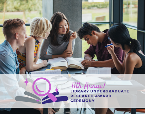 Photo of five students studying around a table with an 11th Annual LURA Ceremony logo banner