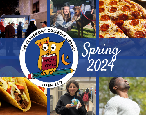 Night Owls Spring 2024. The night owls logo is featured in the center with an owl sitting on a pencil holding a book. Other images featured include students enjoying night owl events such as games, crafts and food such as pizza and tacos.