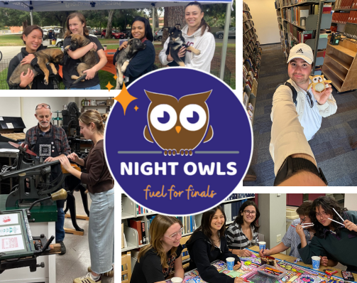 Collage of students with dogs, studying, using equipment, and posing in library around a central Night Owls finals logo.