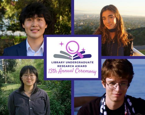 Collage of four student portraits around a “Library Undergraduate Research Award 13th Annual Ceremony” graphic.