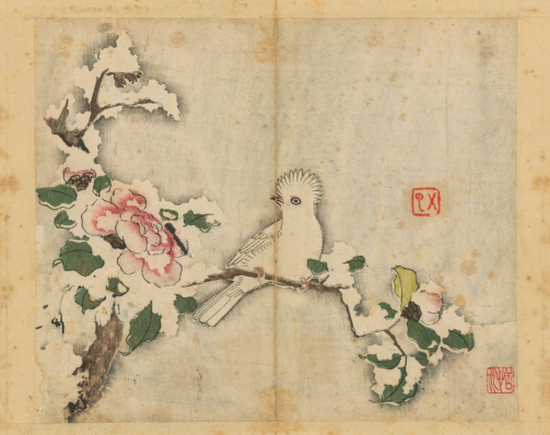 White crested bird perched on a branch among pink peonies in a delicate aged East Asian ink-and-color painting.