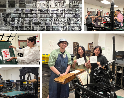 Collage of letterpress printing activities, including metal type, people operating printing presses, a printed “We the People” page, and three participants holding finished prints beside a historic press.